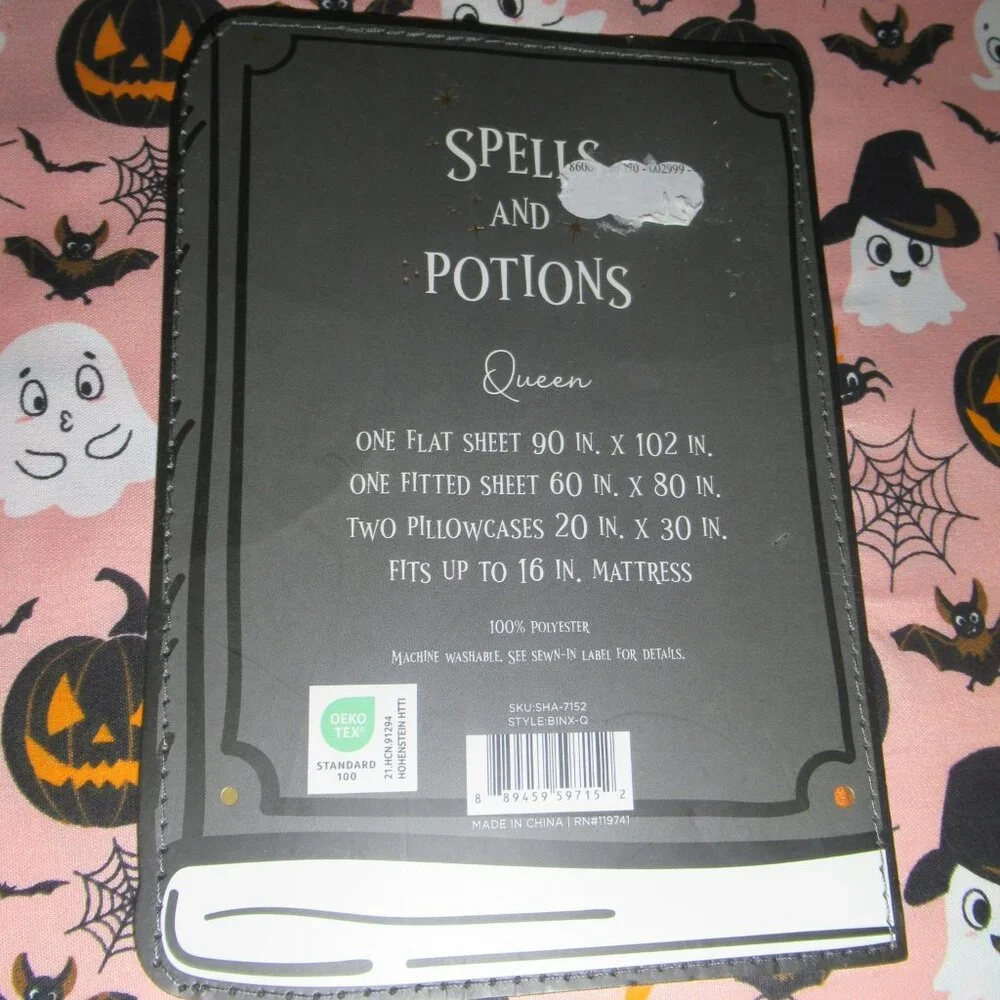Spells And Potions Queen Size Pink Sheet Set Ghost Bat Pumpkin Web Halloween New